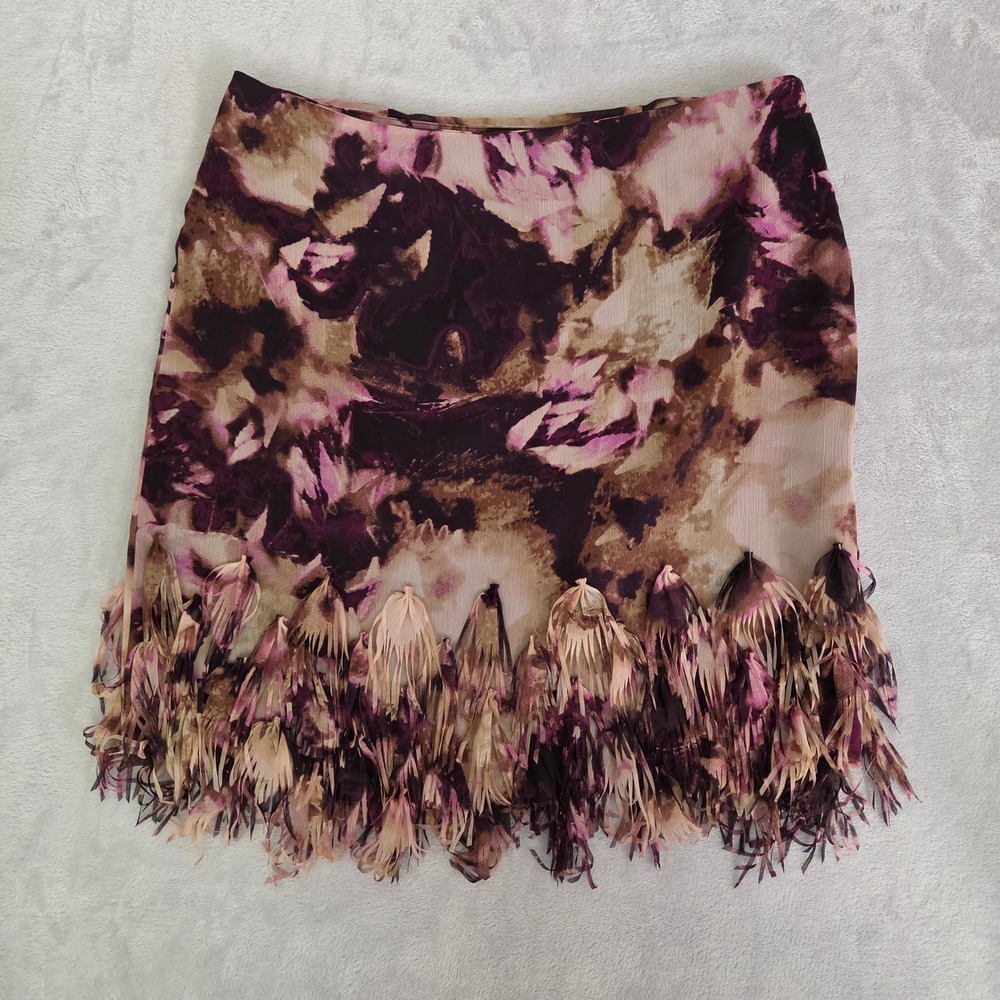 Ann Taylor NWT Abstract Floral Fringe Mini Skirt Purple Brown 10 Whimsigoth